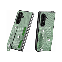 Galaxy Z Fold 7 Carbon Fiber Texture Card Slot Wrist Strap Holder Case - GREEN (Only Ground Shipping)