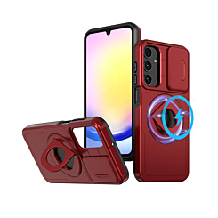 Ring Stand Case & Camera Lens Sliding Cover - RED for Galaxy A55 5G (Only Ground Shipping)