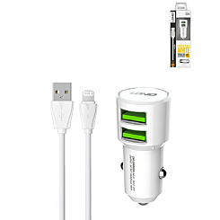 LDNIO C309 3.6A Dual USB-A Car Charger with USB A-L Non-MFI Cable (WHITE) (3ft) (18W) (Only Ground Shipping)