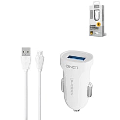 LDNIO C17 1A USB-A Car Charger with USB-M Cable (WHITE) (3ft) (24W) (Only Ground Shipping)