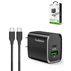Esoulk USB C+A PD/QC Wall Adapter with USB C-C Cable (5ft) (20W) (BLACK) (Only Ground Shipping)