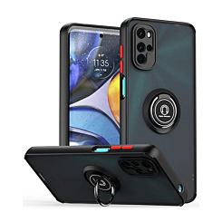 Moto G52 Hard PC Rear / Soft TPU Colorful Border Case with I-ring Holder - BLACK (Only Ground Shipping)