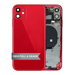 Stock up on the iPhone 11 back housing frame with small components pre-installed in red, OEM pull A grade.