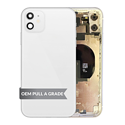 Buy the iPhone 11 back housing frame with small components pre-installed in white, OEM pull A grade.
