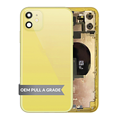 Shop the iPhone 11 back housing frame with small components pre-installed in yellow, OEM pull A grade.