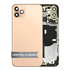 Purchase the Back Housing Frame with Small Components Pre-Installed for iPhone 11 Pro in Gold, OEM Pull A Grade.
