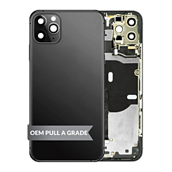 Stock up on the Back Housing Frame, OEM Pull A Grade, with small parts pre-installed for iPhone 11 Pro Max in Space Gray.