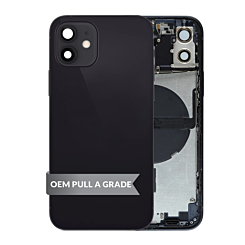 Order the black back housing frame with small components pre-installed for iPhone 12, OEM Pull A Grade.
