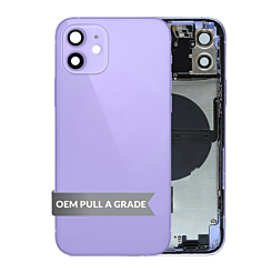 Purchase the purple back housing frame with small components pre-installed for iPhone 12, OEM pull A grade.
