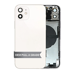 Shop the white back housing frame with small components pre-installed for iPhone 12, OEM pull A grade.

