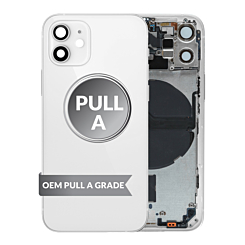 Stock up on the Back Housing Frame White OEM Pull A Grade with Small Components Pre-Installed for iPhone 12 Mini.
