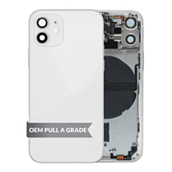 Stock up on the Back Housing Frame White OEM Pull A Grade with Small Components Pre-Installed for iPhone 12 Mini.
