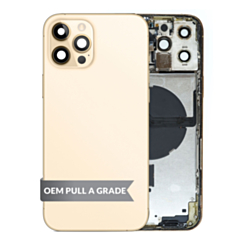 Order the Back Housing Frame with Small Components Pre-Installed for iPhone 12 Pro Max GOLD OEM Pull A Grade.






