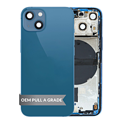 Purchase the Back Housing Frame Blue US Version OEM Pull A Grade with Small Components Pre-Installed for iPhone 13 Mini.

