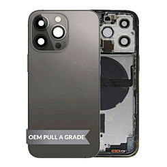 Purchase the Back Housing Frame GRAPHITE US Version OEM Pull A Grade with Small Components Pre-Installed for iPhone 13 Pro.

