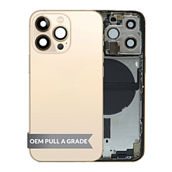 Stock up on the Back Housing Frame GOLD US Version OEM Pull A Grade with Small Components Pre-Installed for iPhone 13 Pro.
