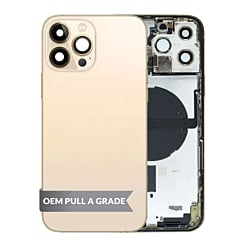 Order the Back Housing Frame with Small Components Pre-Installed for iPhone 13 Pro Max GOLD US Version OEM Pull A Grade.
