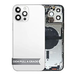 Stock up on the Back Housing Frame with Small Components Pre-Installed for iPhone 13 Pro Max SILVER US Version OEM Pull A Grade.
