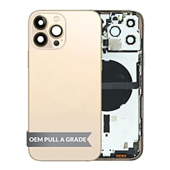 Order the Housing Frame with Small Parts Pre-Installed for iPhone 13 Pro Max GOLD International OEM Pull A Grade.
