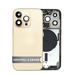 Buy the back housing frame in Gold, US version, OEM pull A grade, with small components pre-installed for iPhone 14 Pro.