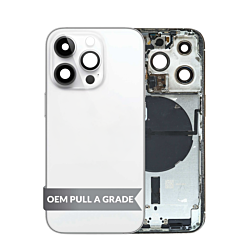 Order the back housing frame with small components pre-installed for iPhone 14 Pro in Silver, US version, OEM pull A grade.