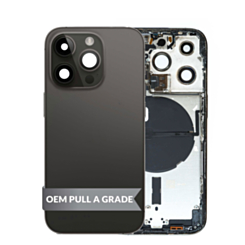 Purchase the housing frame with small parts pre-installed for iPhone 14 Pro in Black, International version, OEM pull A grade.