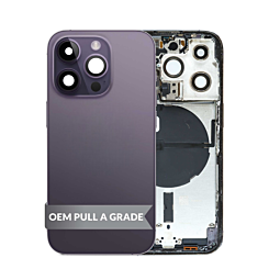 Stock up on the housing frame with small parts pre-installed for iPhone 14 Pro in Purple, International version, OEM pull A grade.