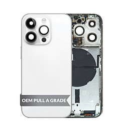 Buy the housing frame with small parts pre-installed for iPhone 14 Pro in Silver, International version, OEM pull A grade.
