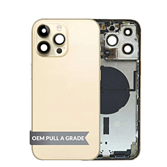 Stock up on the back housing frame in Gold, US version, OEM Pull A Grade, with small components pre-installed for iPhone 14 Pro Max.