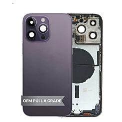 Buy the back housing frame in Deep Purple, US version, OEM Pull A Grade, with small components pre-installed for iPhone 14 Pro Max.