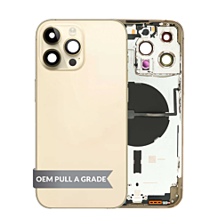 Purchase the housing frame in Gold, International version, OEM Pull A Grade, with small parts pre-installed for iPhone 14 Pro Max.