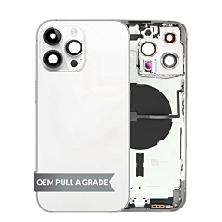 Stock up on the housing frame in Silver, International version, OEM Pull A Grade, with small parts pre-installed for iPhone 14 Pro Max.








