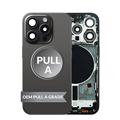 Stock up on the Back Housing Frame in Black Titanium, US version, OEM Pull A Grade, with small components pre-installed for iPhone 15 Pro.
