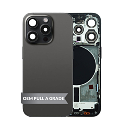Stock up on the Back Housing Frame in Black Titanium, US version, OEM Pull A Grade, with small components pre-installed for iPhone 15 Pro.
