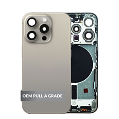 Shop the Back Housing Frame in Natural Titanium, US version, OEM Pull A Grade, with small components already pre-installed for iPhone 15 Pro.
