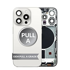 Order the Back Housing Frame in White Titanium, US version, OEM Pull A Grade, with small components already pre-installed for iPhone 15 Pro.
