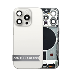 Order the Back Housing Frame in White Titanium, US version, OEM Pull A Grade, with small components already pre-installed for iPhone 15 Pro.
