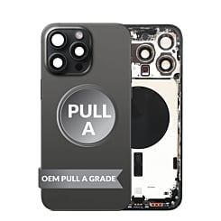 Stock up on the Black Titanium Back Housing Frame, US version, OEM Pull A Grade, with small parts already installed for iPhone 15 Pro Max.