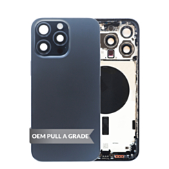 Buy the Back Housing Frame in Blue Titanium, US Version, OEM Pull A Grade, with Small Components Pre-Installed for iPhone 15 Pro Max.
