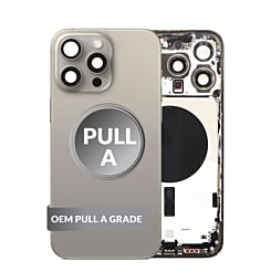 Shop the Back Housing Frame in Natural Titanium, US Version, OEM Pull A Grade, with Small Components Pre-Installed for iPhone 15 Pro Max.