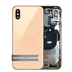 Stock up on the back housing frame for iPhone XS in gold, with small components pre-installed, OEM pull A grade.