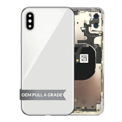 Buy the silver back housing frame with small components pre-installed for iPhone XS Max – OEM pull A grade.