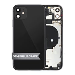 Order the iPhone 11 back housing frame with small components pre-installed in black, OEM pull B grade.
