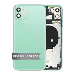 Purchase the iPhone 11 back housing frame with small components pre-installed in green, OEM pull B grade.
