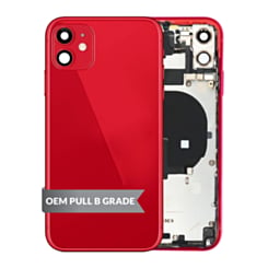 Stock up on the iPhone 11 back housing frame with small components pre-installed in red, OEM pull B grade.
