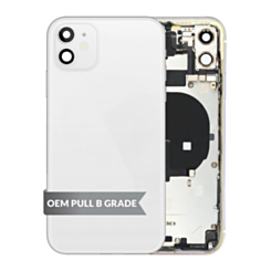 Buy the iPhone 11 back housing frame with small components pre-installed in white, OEM pull B grade.
