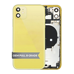 Shop the iPhone 11 back housing frame with small components pre-installed in yellow, OEM pull B grade.
