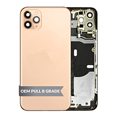 Shop the Back Housing Frame in Gold, OEM Pull B Grade, with Small Components Pre-Installed for iPhone 11 Pro.
