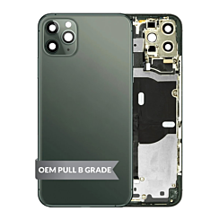 Stock up on the Back Housing Frame in Midnight Green, OEM Pull B Grade, with small components pre-installed for iPhone 11 Pro Max.