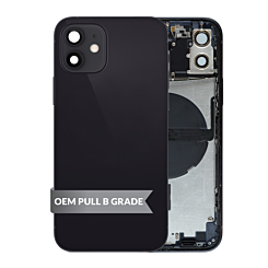 Purchase the black back housing frame with small components pre-installed for iPhone 12, OEM Pull B Grade.
